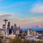 Seattle downtown skyline and Mt. Rainier at sunset. WA from Kerry park.